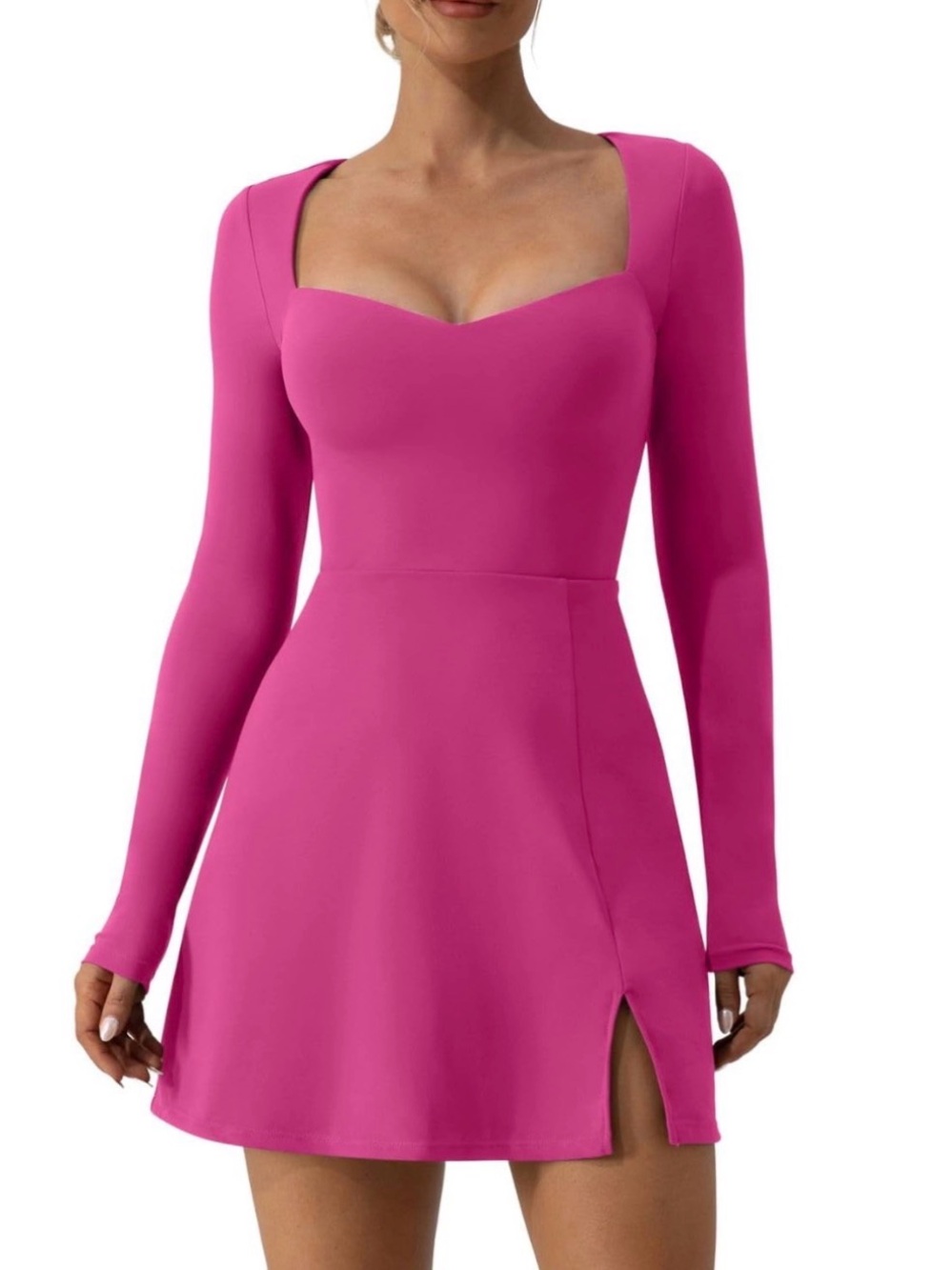 💖 QINSEN Sweetheart Neck Long Sleeve Side Slit Flare Athletic Mini Dress Size 6
